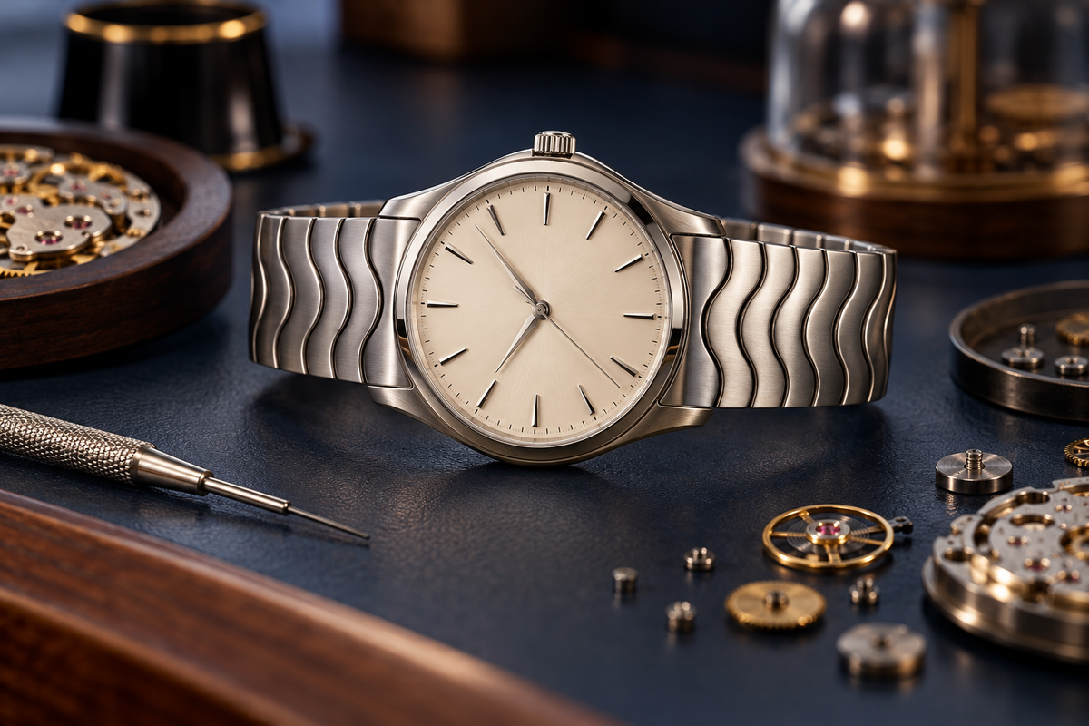 AI-generated editorial illustration inspired by Swiss watchmaking and EBEL's wave bracelet heritage; not a photograph of an EBEL model