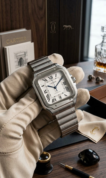 Authentic pre-owned Cartier watches for sale – luxury Swiss timepieces including Cartier Santos, Tank, and Ballon Bleu, full set, excellent condition, available in Canada