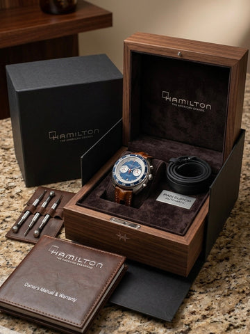 Authentic pre-owned Hamilton watches for sale – Swiss-made timepieces including Hamilton Khaki Field, Jazzmaster, and Ventura, full set, excellent condition, available in Canada