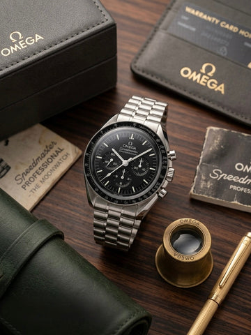 Authentic pre-owned Omega watches for sale – luxury Swiss timepieces including Omega Seamaster, Speedmaster, and Aqua Terra, full set, excellent condition, available in Canada