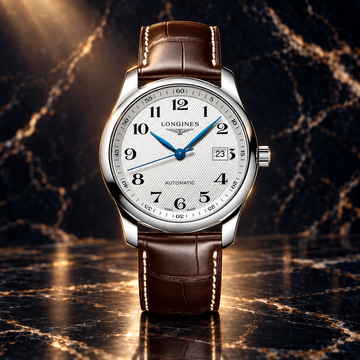 Longines Master Collection watch on a luxury dark marble background