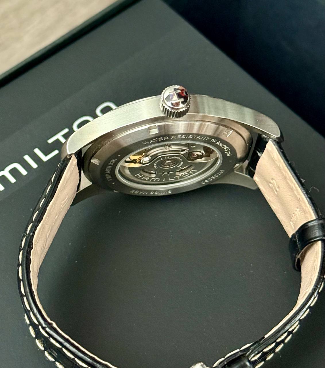 Hamilton Khaki Field Murph H70605731 exhibition caseback angled view