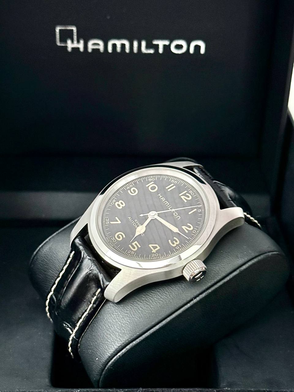 Hamilton Khaki Field Murph H70605731 dial and case angled view