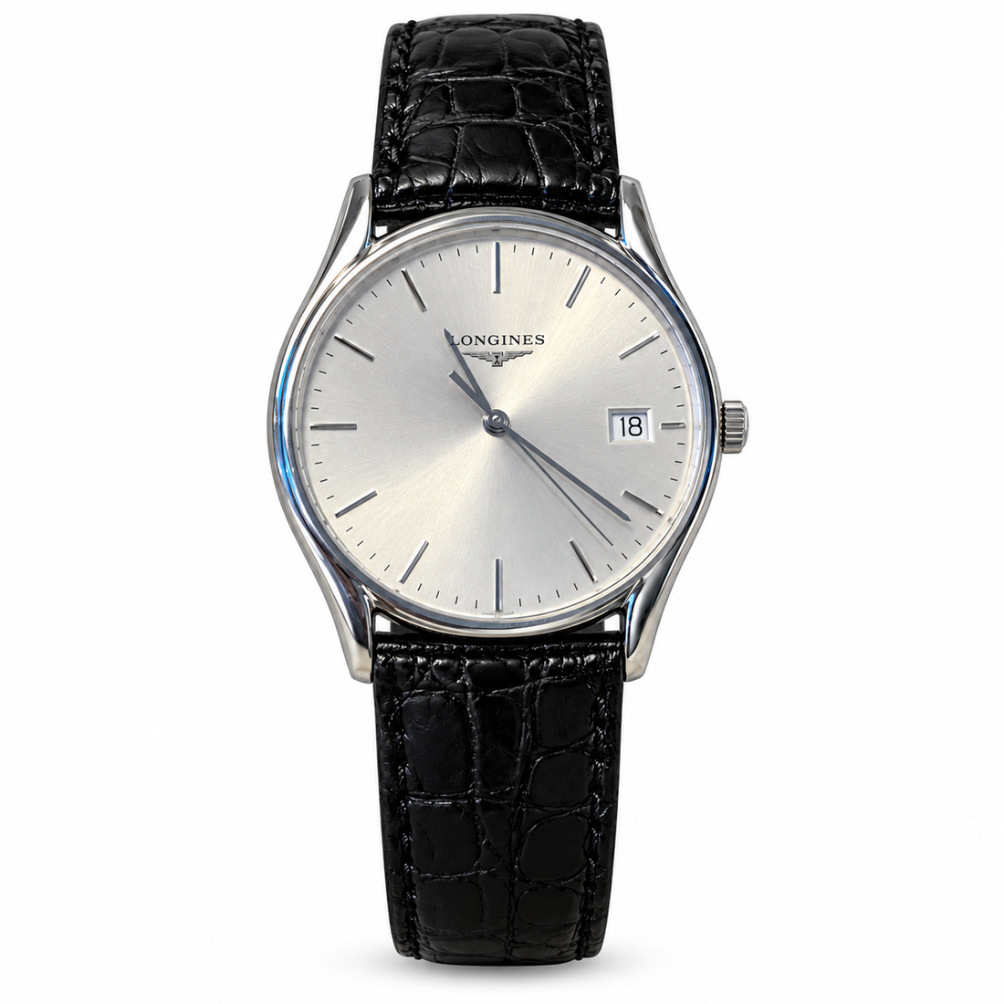 Longines L4.759.4 silver dial and black leather strap — standardized white background