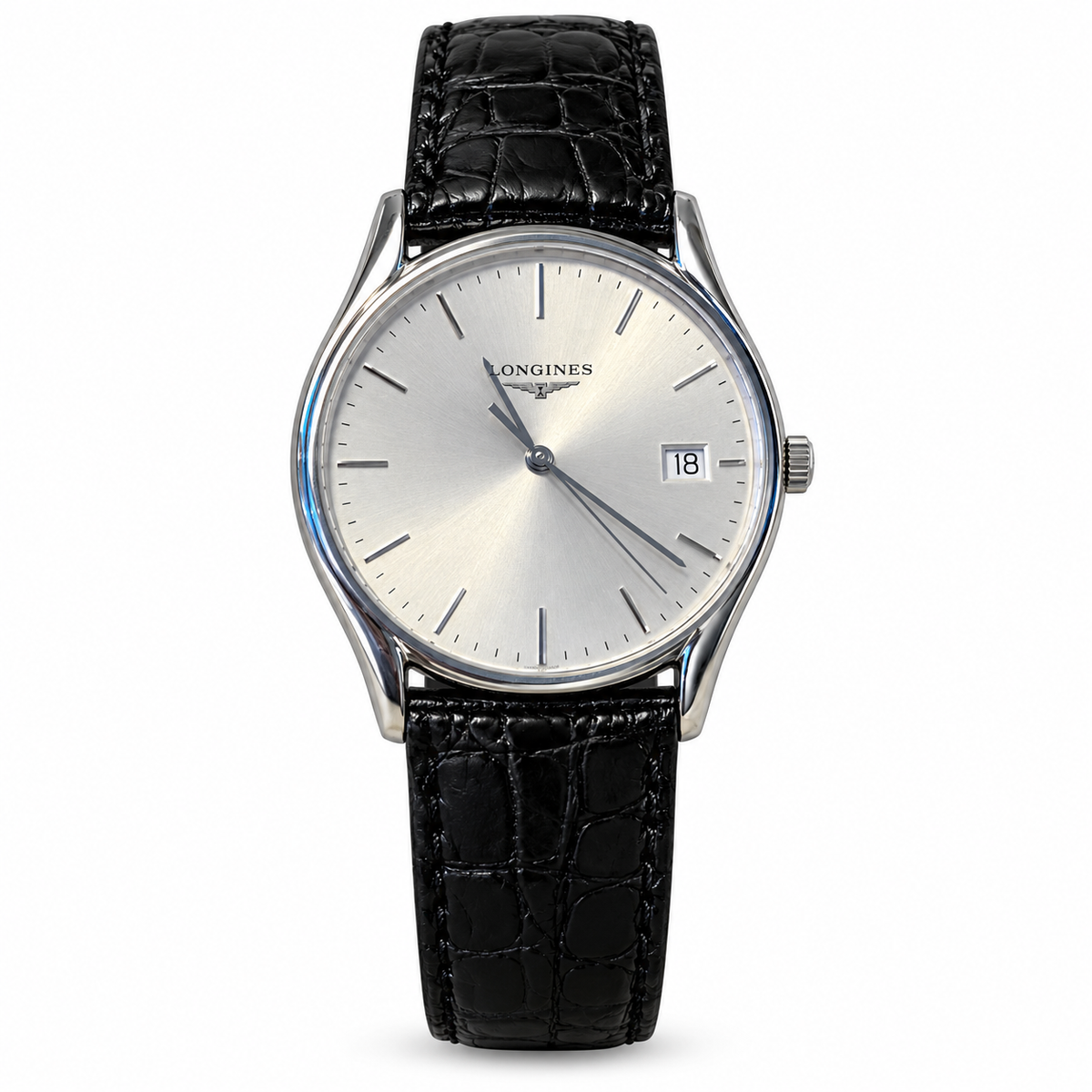 Longines L4.759.4 silver dial and black leather strap — standardized white background