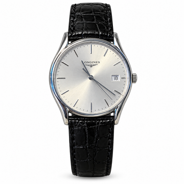 Longines L4.759.4 silver dial and black leather strap — standardized white background