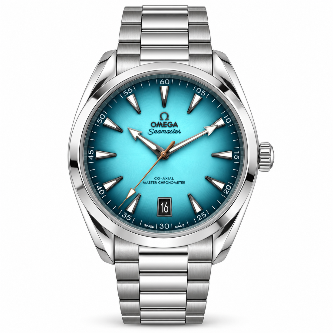 Omega Seamaster Aqua Terra 150M turquoise dial with corrected three hands on white background