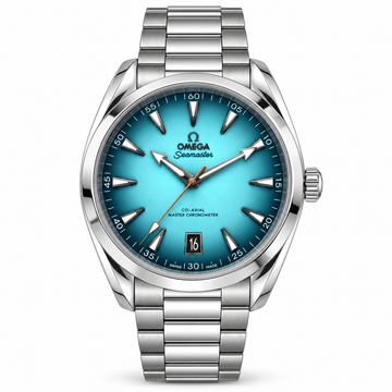 Omega Seamaster Aqua Terra 150M turquoise dial with corrected three hands on white background