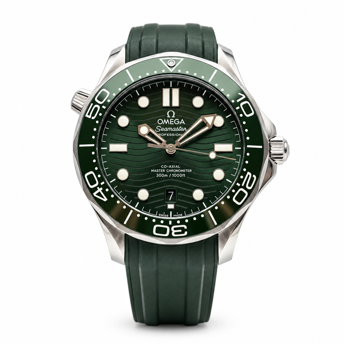 Omega Seamaster Diver 300M green dial front view on white background