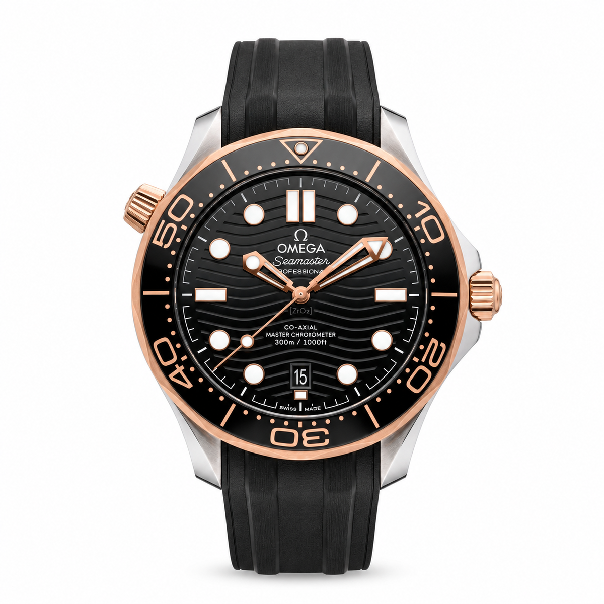 Omega Seamaster Diver 300M Sedna Gold front view on white background