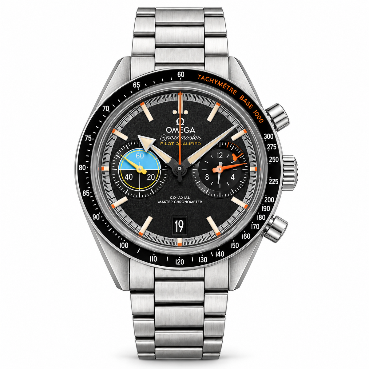 Omega Speedmaster Pilot with corrected main and subdial hands on white background