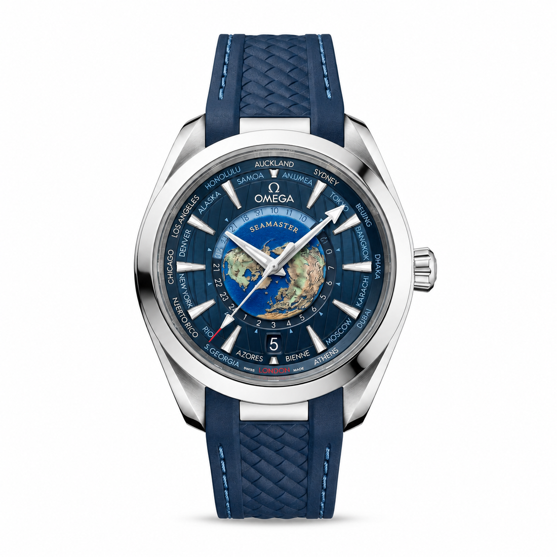 Omega Seamaster Aqua Terra Worldtimer front view on white background