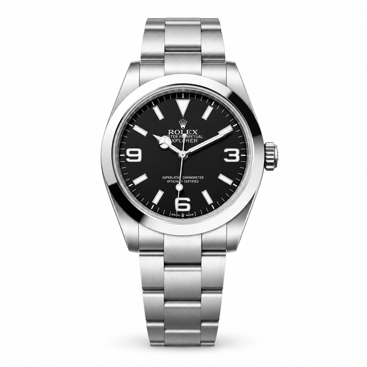 Rolex Explorer 40 ref. 224270 on white background, matched collection scale