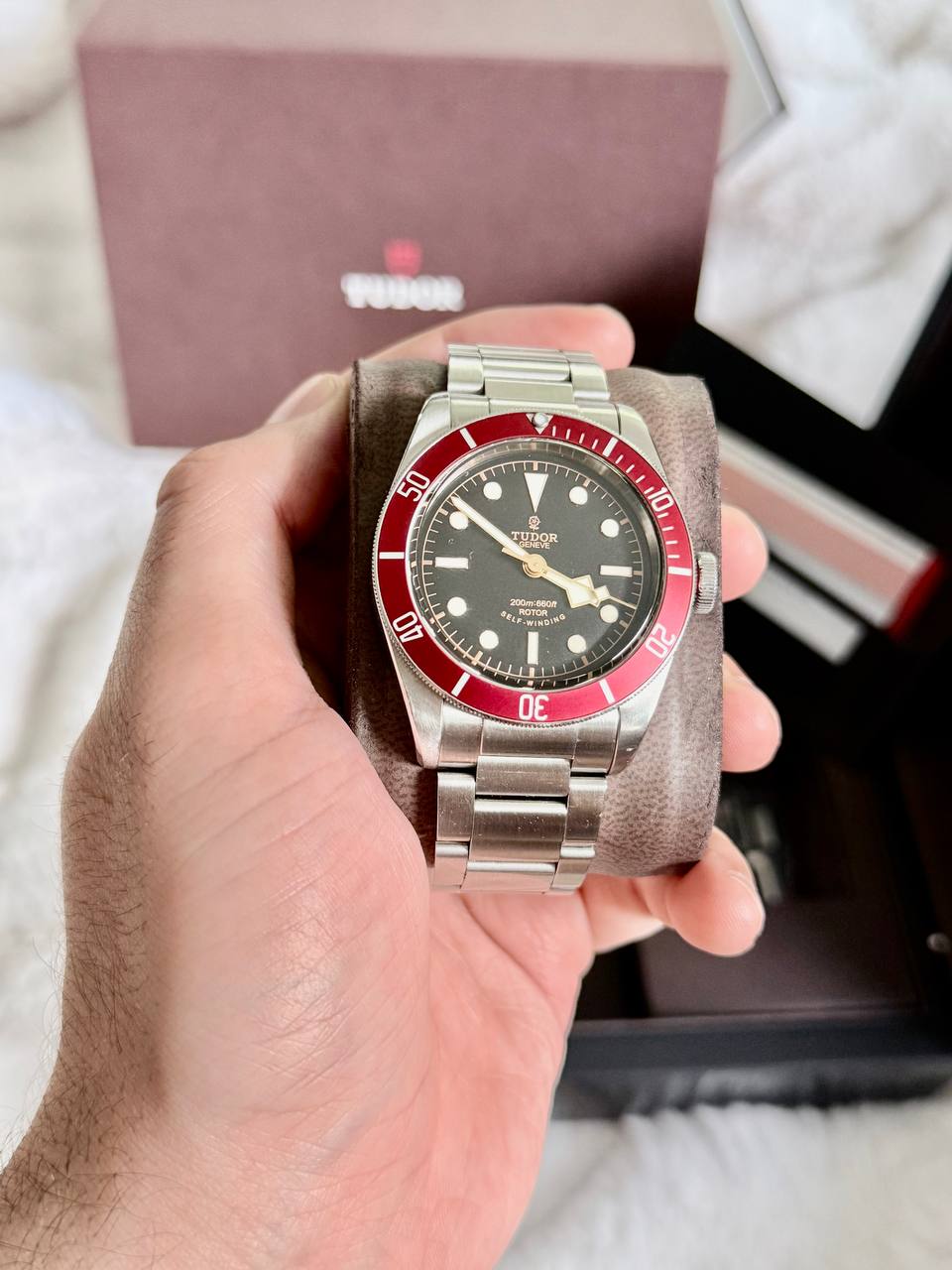 Tudor Black Bay Smiley front view with Tudor box